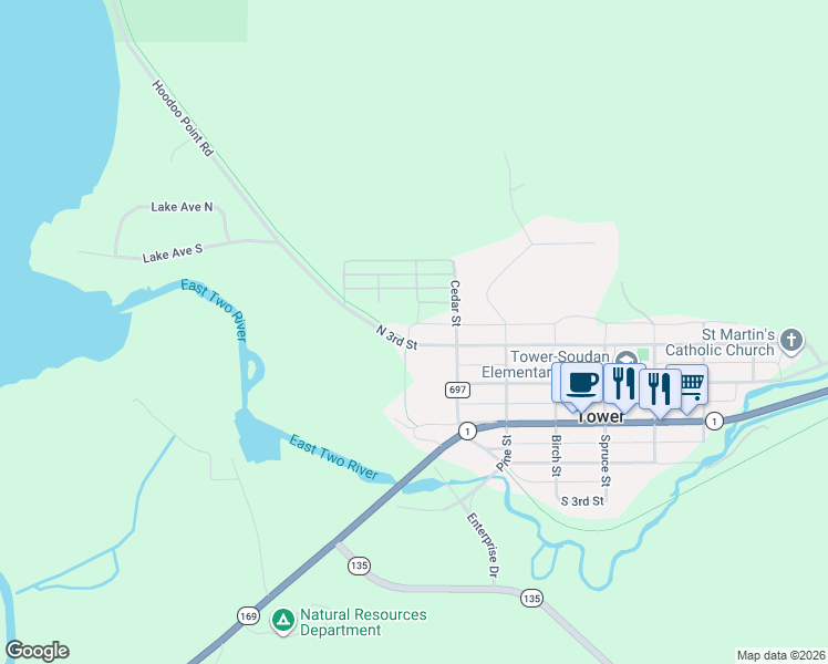 map of restaurants, bars, coffee shops, grocery stores, and more near 813 North 3rd Street in Tower