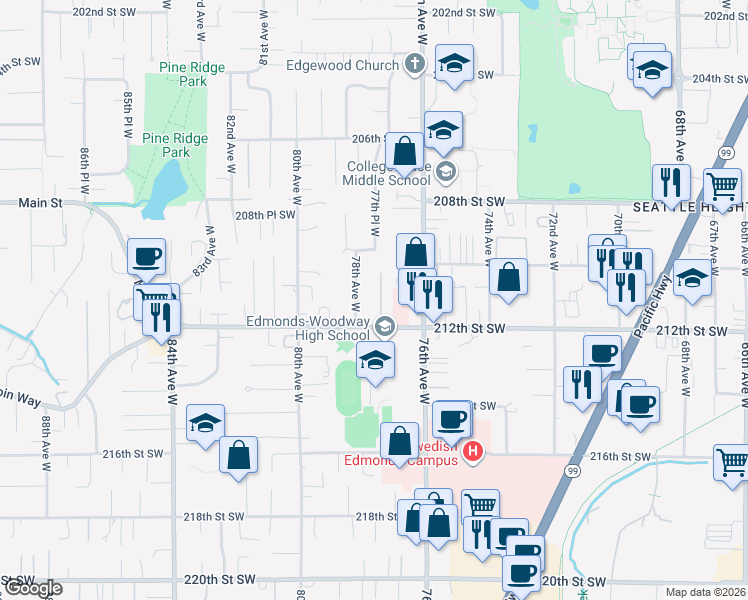map of restaurants, bars, coffee shops, grocery stores, and more near 21027 78th Avenue West in Edmonds