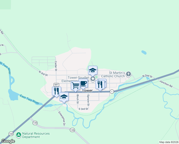 map of restaurants, bars, coffee shops, grocery stores, and more near 415 North 3rd Street in Tower