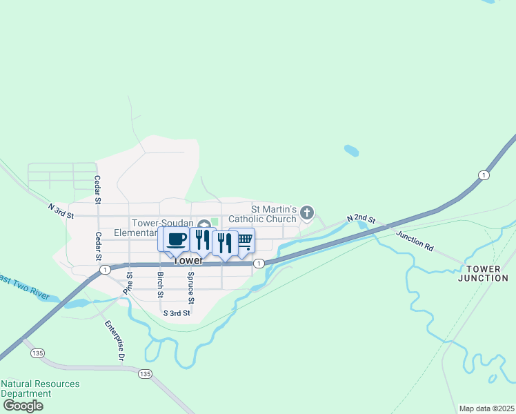 map of restaurants, bars, coffee shops, grocery stores, and more near 305 North 3rd Street in Tower