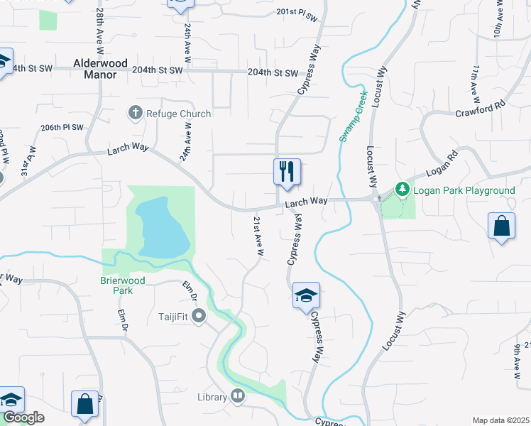 map of restaurants, bars, coffee shops, grocery stores, and more near 2005 Larch Way in Lynnwood