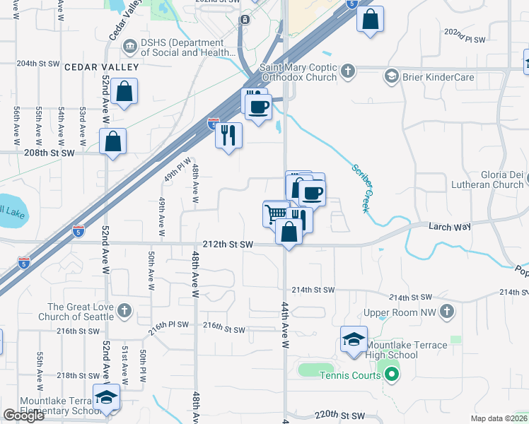 map of restaurants, bars, coffee shops, grocery stores, and more near 21004 44th Avenue West in Lynnwood