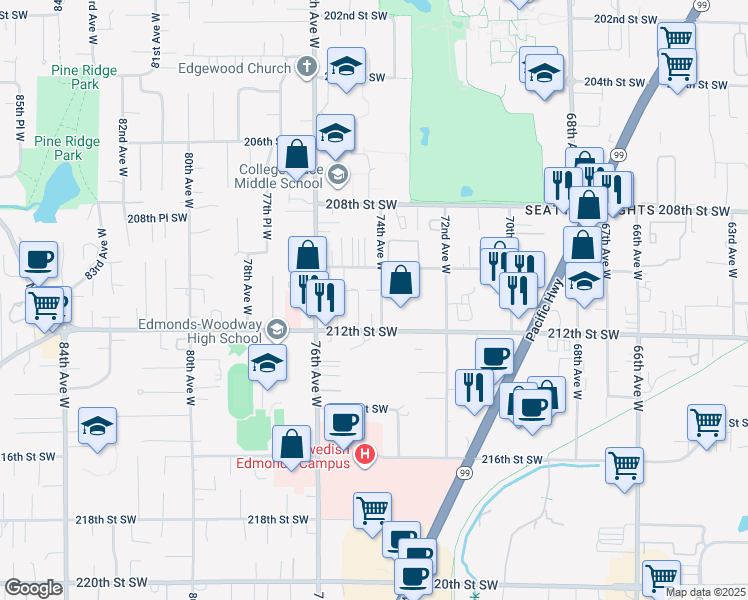 map of restaurants, bars, coffee shops, grocery stores, and more near 212TH Puget Sound Boulevard in Edmonds