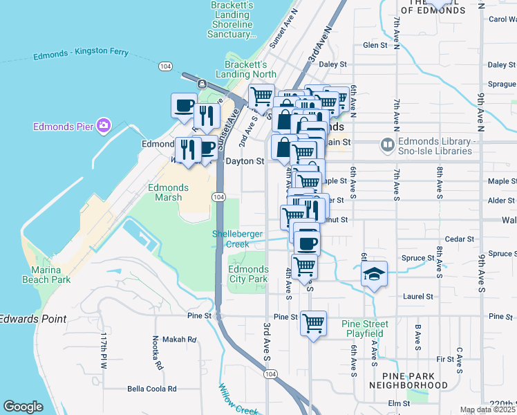 map of restaurants, bars, coffee shops, grocery stores, and more near 324 3rd Avenue South in Edmonds
