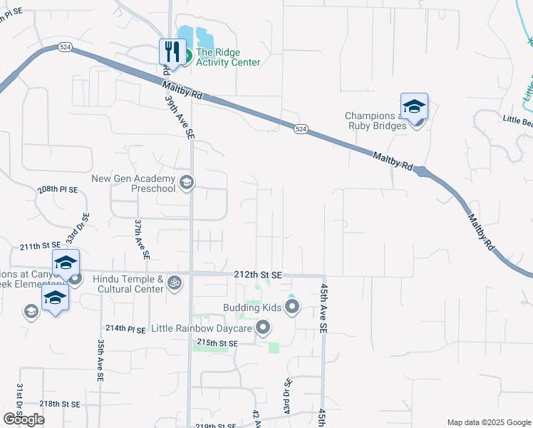 map of restaurants, bars, coffee shops, grocery stores, and more near 20909 42nd Avenue Southeast in Bothell