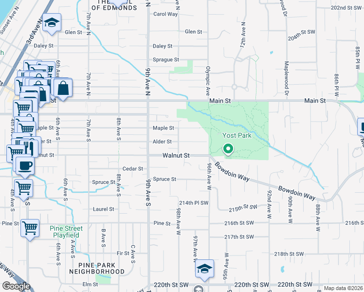 map of restaurants, bars, coffee shops, grocery stores, and more near 401 10th Avenue South in Edmonds