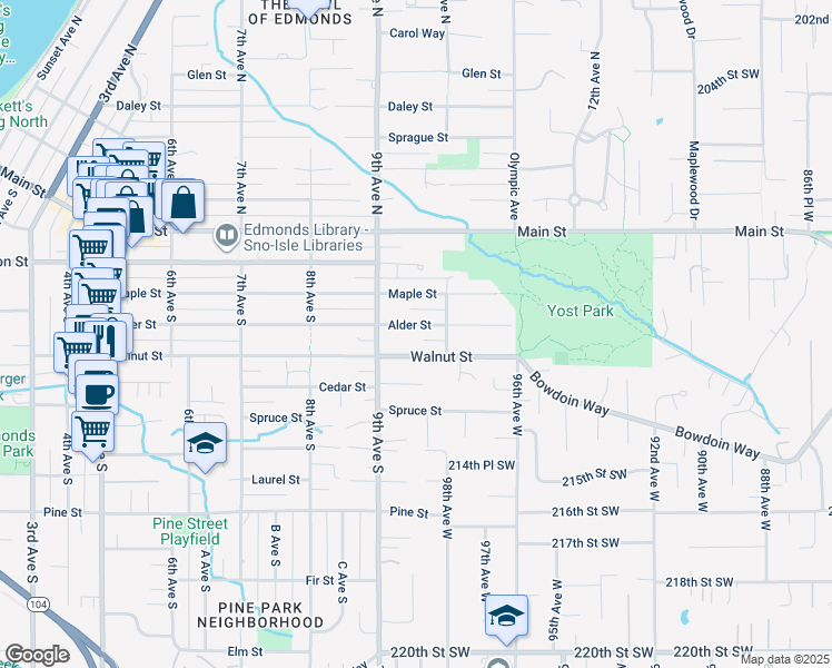 map of restaurants, bars, coffee shops, grocery stores, and more near 932 Alder Street in Edmonds