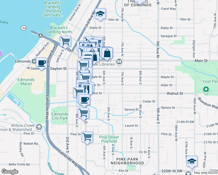 map of restaurants, bars, coffee shops, grocery stores, and more near 618 Alder Street in Edmonds
