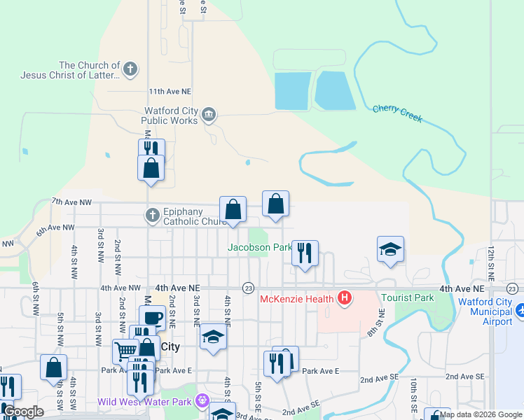 map of restaurants, bars, coffee shops, grocery stores, and more near 7th Avenue Northwest in Watford City