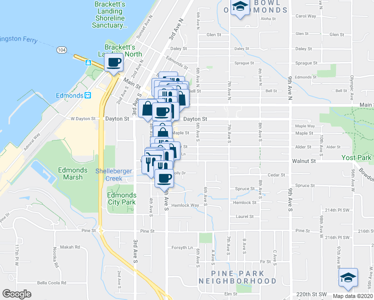 map of restaurants, bars, coffee shops, grocery stores, and more near 533 Alder Street in Edmonds