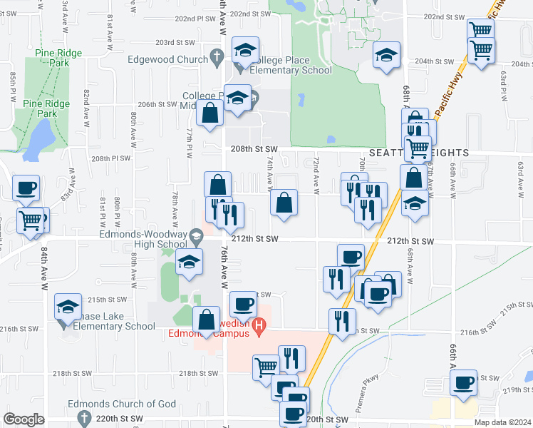 map of restaurants, bars, coffee shops, grocery stores, and more near 21034 74th Avenue West in Edmonds