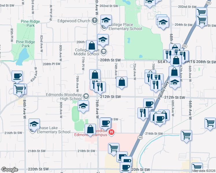 map of restaurants, bars, coffee shops, grocery stores, and more near 7505 212th Street Southwest in Edmonds