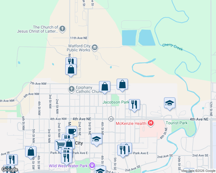 map of restaurants, bars, coffee shops, grocery stores, and more near 7th Avenue Northwest in Watford City