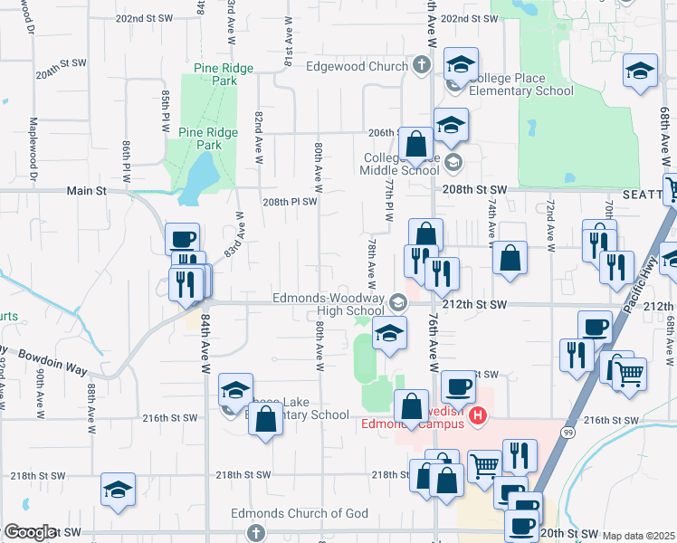 map of restaurants, bars, coffee shops, grocery stores, and more near 21035 80th Avenue West in Edmonds