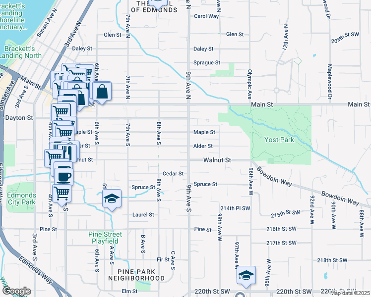 map of restaurants, bars, coffee shops, grocery stores, and more near 856 Alder Street in Edmonds