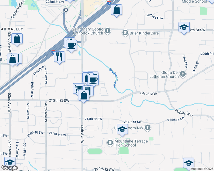 map of restaurants, bars, coffee shops, grocery stores, and more near 20921 44th Avenue West in Lynnwood