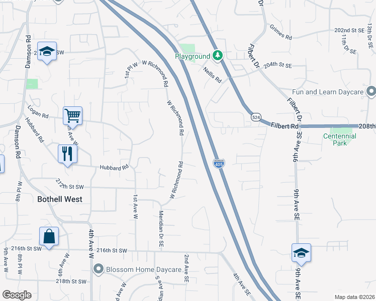 map of restaurants, bars, coffee shops, grocery stores, and more near 20911 West Richmond Road in Bothell