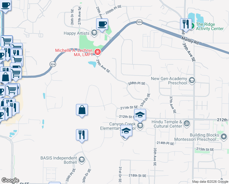 map of restaurants, bars, coffee shops, grocery stores, and more near 20911 30th Drive Southeast in Bothell
