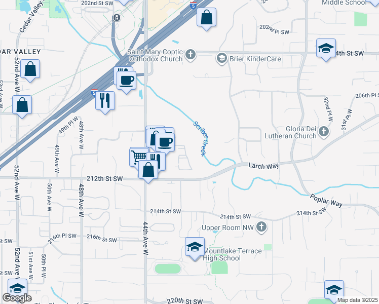 map of restaurants, bars, coffee shops, grocery stores, and more near 21100 40th Avenue West in Mountlake Terrace