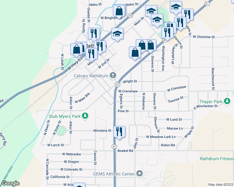 map of restaurants, bars, coffee shops, grocery stores, and more near 14978 Idaho 41 in Rathdrum