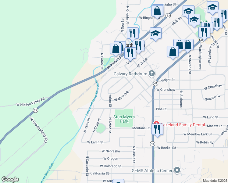 map of restaurants, bars, coffee shops, grocery stores, and more near 14880 Arbor Street in Rathdrum
