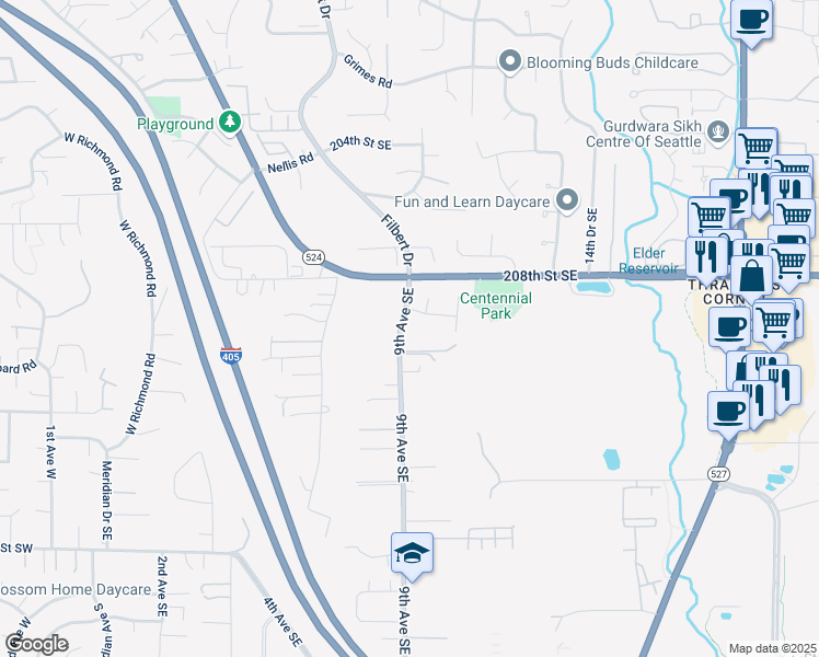 map of restaurants, bars, coffee shops, grocery stores, and more near 914 209th Place Southeast in Bothell