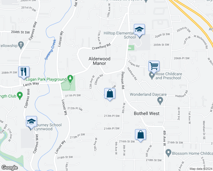 map of restaurants, bars, coffee shops, grocery stores, and more near 20931 10th Place West in Lynnwood