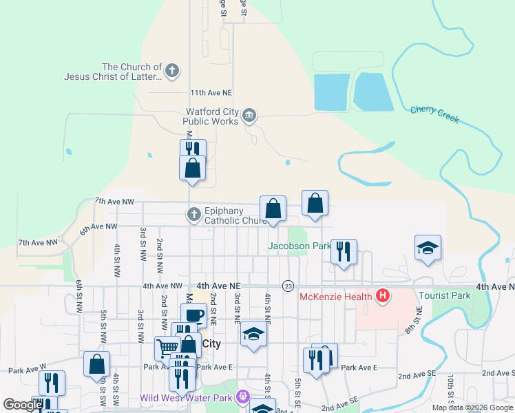 map of restaurants, bars, coffee shops, grocery stores, and more near 7th Avenue Northwest in Watford City