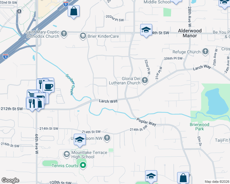 map of restaurants, bars, coffee shops, grocery stores, and more near 21002 36th Avenue West in Lynnwood