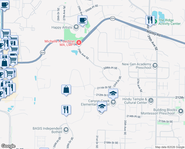 map of restaurants, bars, coffee shops, grocery stores, and more near 20911 30th Drive Southeast in Bothell