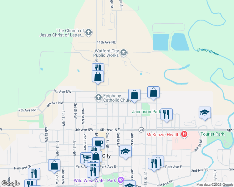 map of restaurants, bars, coffee shops, grocery stores, and more near 7th Avenue Northwest in Watford City