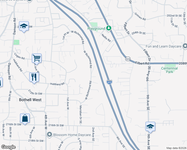 map of restaurants, bars, coffee shops, grocery stores, and more near 20911 West Richmond Road in Bothell