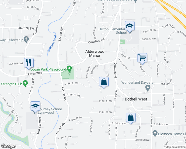 map of restaurants, bars, coffee shops, grocery stores, and more near 20931 Elberta Road in Lynnwood