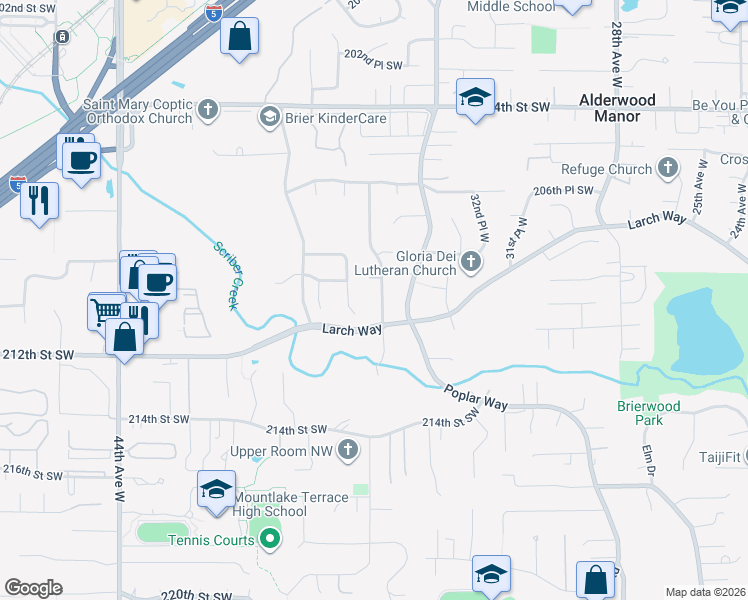 map of restaurants, bars, coffee shops, grocery stores, and more near 21002 36th Avenue West in Lynnwood