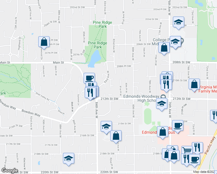 map of restaurants, bars, coffee shops, grocery stores, and more near 21110 82nd Place West in Edmonds