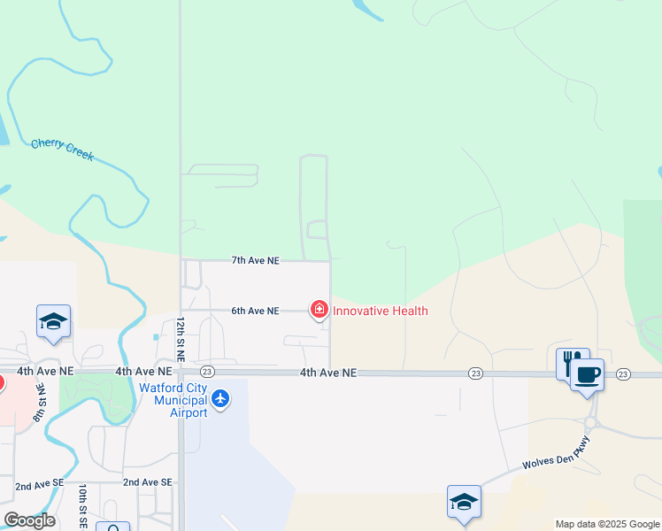 map of restaurants, bars, coffee shops, grocery stores, and more near 16 Street Northeast in Watford City