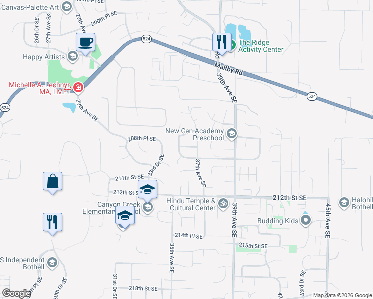map of restaurants, bars, coffee shops, grocery stores, and more near 20905 35th Drive Southeast in Bothell
