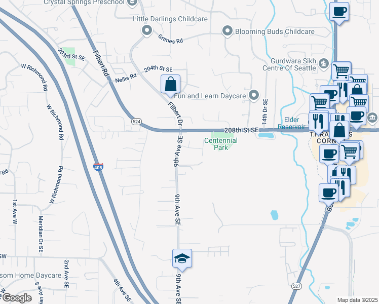 map of restaurants, bars, coffee shops, grocery stores, and more near 914 209th Place Southeast in Bothell