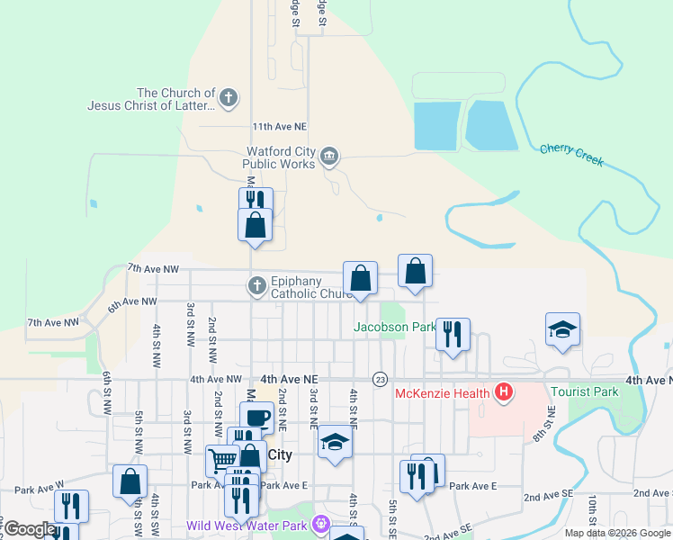 map of restaurants, bars, coffee shops, grocery stores, and more near 7th Avenue Northwest in Watford City