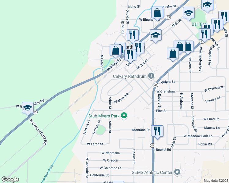 map of restaurants, bars, coffee shops, grocery stores, and more near 14880 Arbor Street in Rathdrum