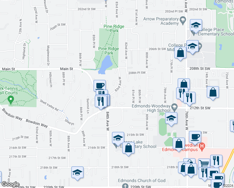 map of restaurants, bars, coffee shops, grocery stores, and more near 21035 83rd Avenue West in Edmonds