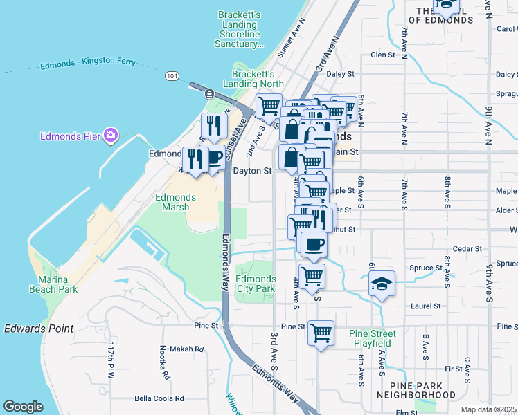 map of restaurants, bars, coffee shops, grocery stores, and more near 324 3rd Avenue South in Edmonds