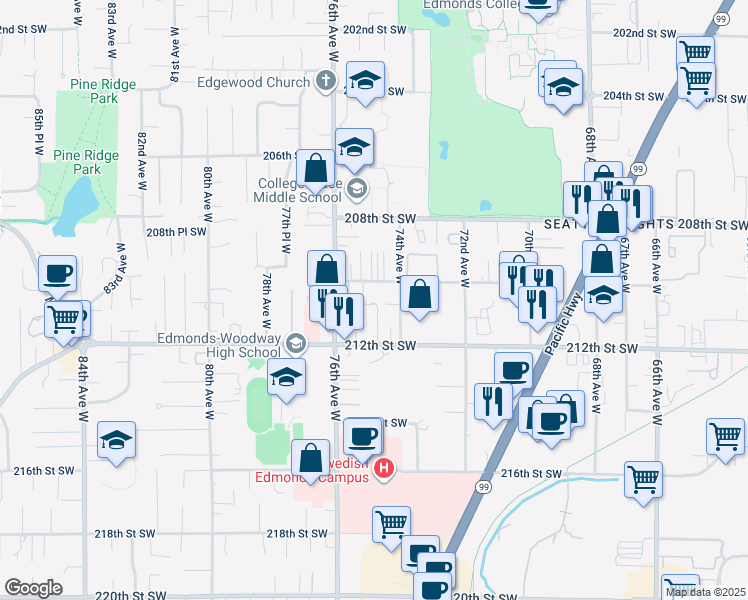 map of restaurants, bars, coffee shops, grocery stores, and more near 212TH Puget Sound Boulevard in Edmonds