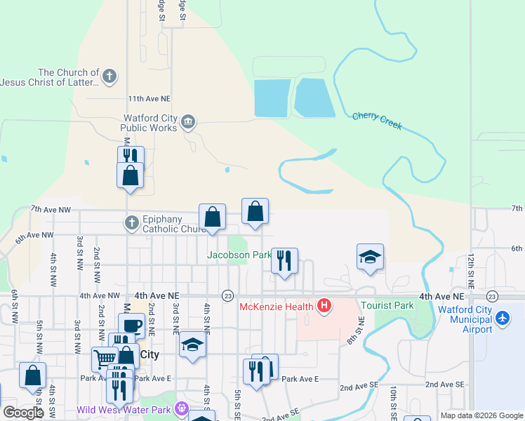 map of restaurants, bars, coffee shops, grocery stores, and more near 7th Avenue Northwest in Watford City