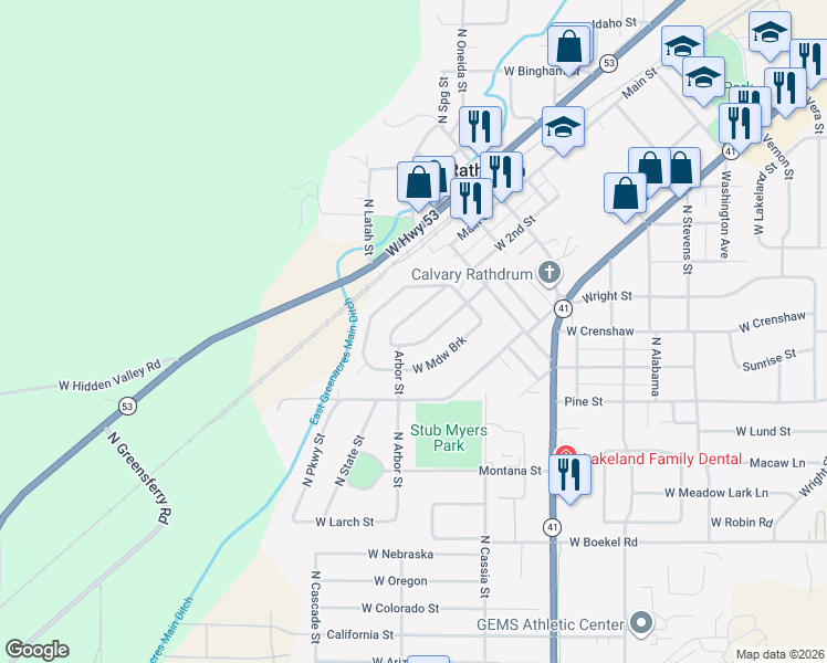 map of restaurants, bars, coffee shops, grocery stores, and more near 14880 Arbor Street in Rathdrum
