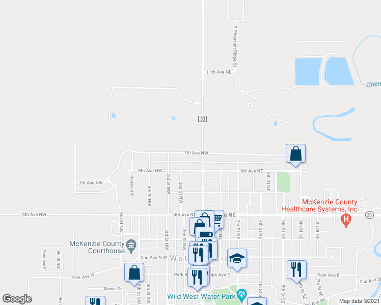 map of restaurants, bars, coffee shops, grocery stores, and more near 7th Avenue Northwest in Watford City