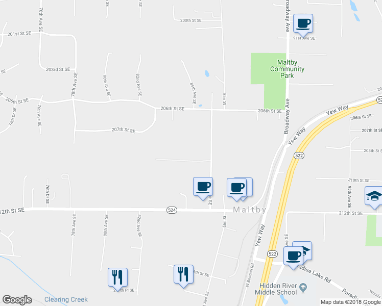 map of restaurants, bars, coffee shops, grocery stores, and more near 20820 86th Avenue Southeast in Snohomish