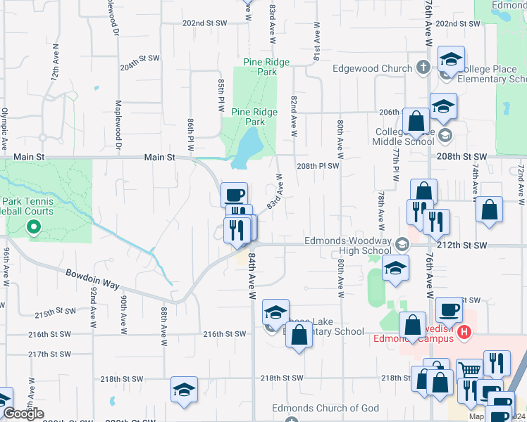 map of restaurants, bars, coffee shops, grocery stores, and more near 21035 83rd Avenue West in Edmonds