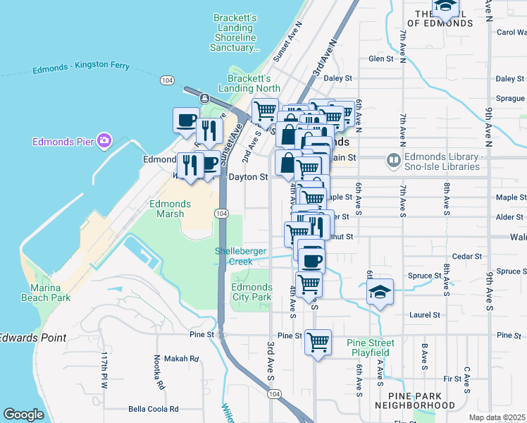 map of restaurants, bars, coffee shops, grocery stores, and more near 324 3rd Avenue South in Edmonds