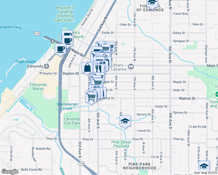 map of restaurants, bars, coffee shops, grocery stores, and more near 533 Alder Street in Edmonds